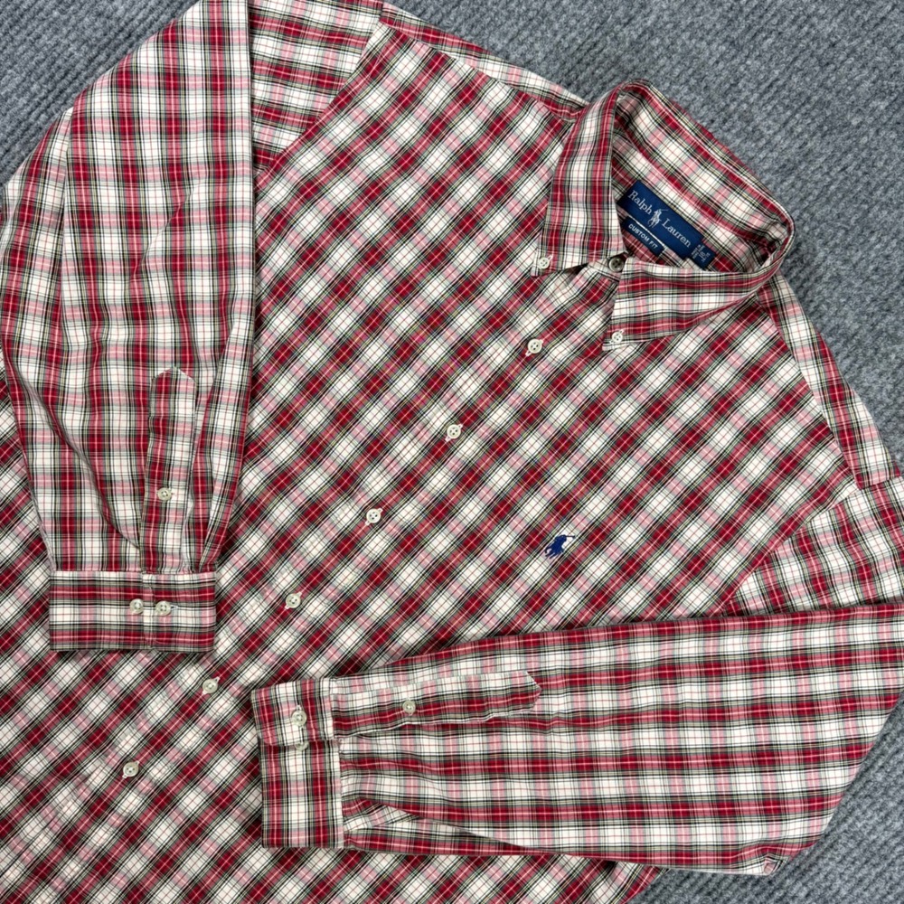 Ralph Lauren Custom Fit Plaid Button Down Shirt Mens 18 34/35 Red White Long Slv